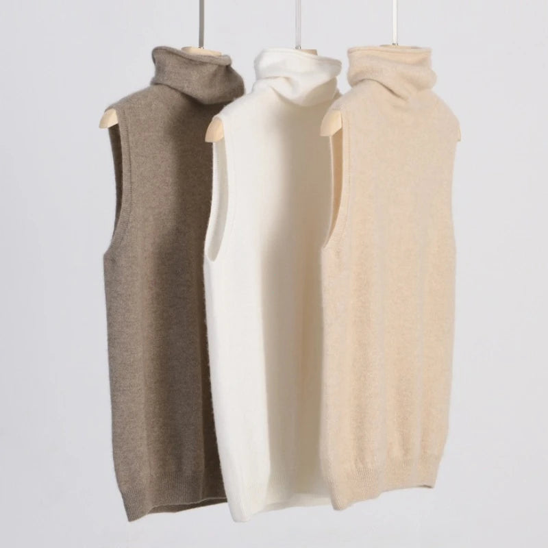 Women 100% Merino Wool Sleeveless Pullovers Turtleneck Sweater Waistcoat Wool Knitwear Spring Autumn Winter Fashion Vest Tops