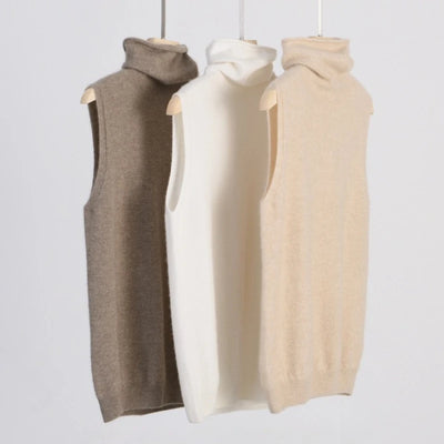 Women 100% Merino Wool Sleeveless Pullovers Turtleneck Sweater Waistcoat Wool Knitwear Spring Autumn Winter Fashion Vest Tops