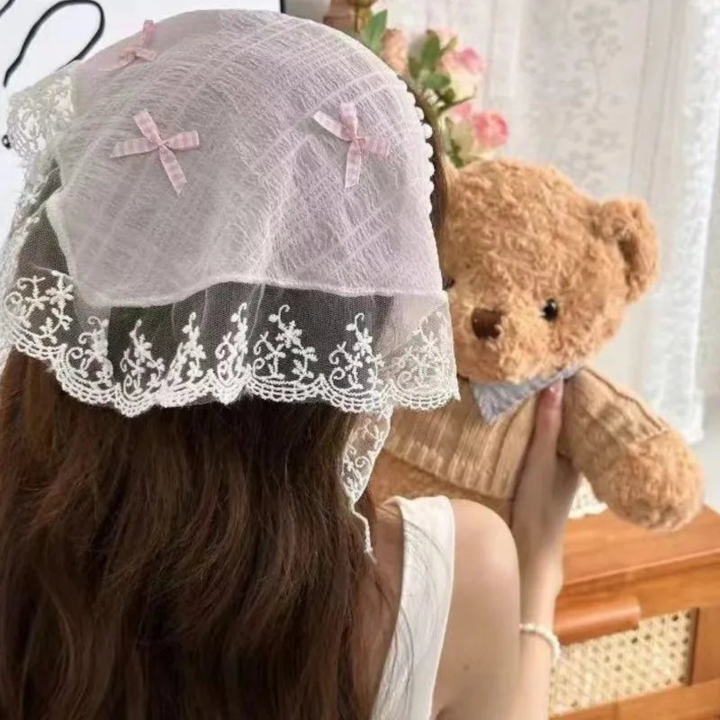 Korean Lace Bow Retro Triangular Scarf Solid Color Headscarf Trend Elegant Headwear for Women Girl Y2K Jewelry 2024 INS Bandana