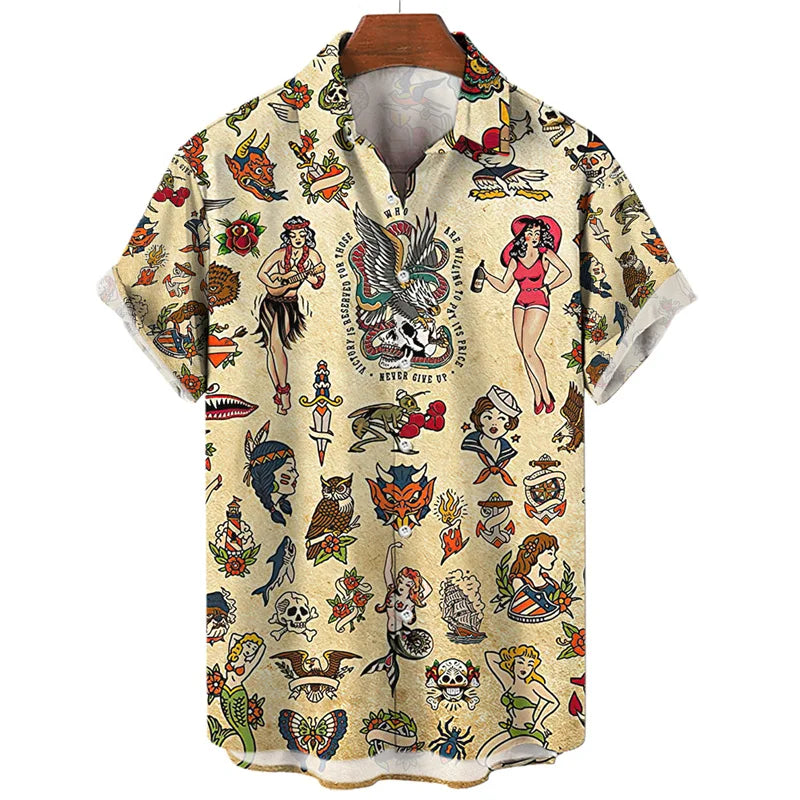 3D Print Monkey Skeleton Scissors Shirts Men Animal Patterns Button Shirt Summer Hawaii Short Sleeves Casual Loose Aloha Shirts