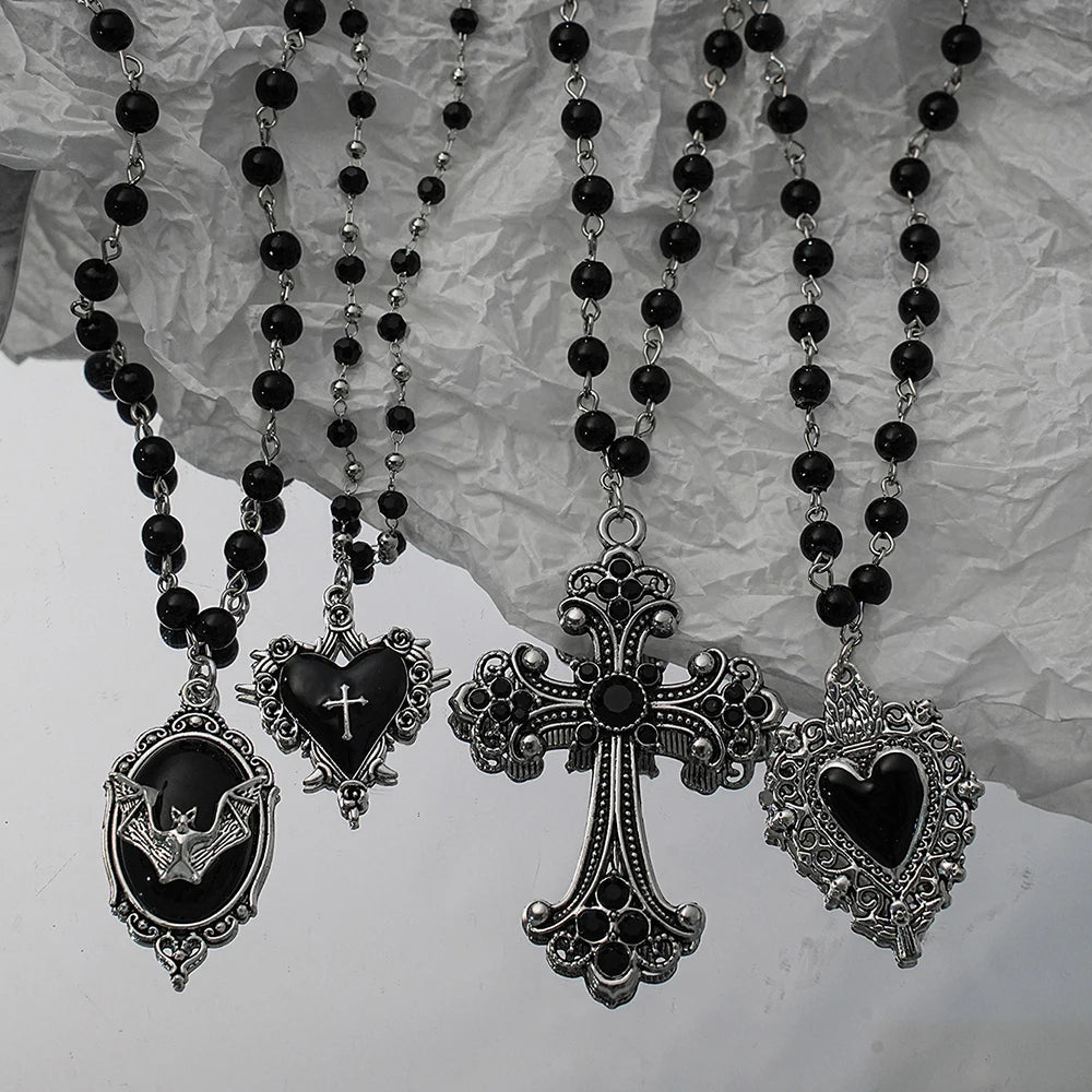 Gothic Bat Cross Dark Pendant Necklace Set, Y2K Personalized Thorn Love Black Bead Stacked Necklace Set, Suitable as Halloween G