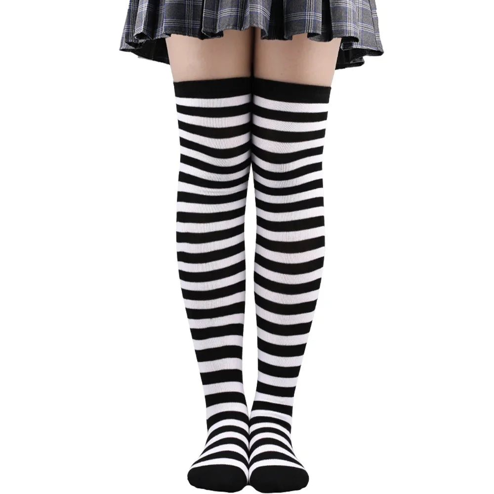 Thigh High Stockings Womens Striped Ladies Girls Black White Pink Long Over Above Knee Socks Femboy Cosplay Lolita Harajuku Y2k
