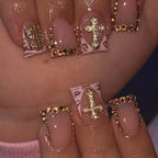 10PCS Diamond French Pointed Nail Short Square Nail Nude Fake Nail With Gold Glitter Diamond Nail Leopard Print Fake Nail