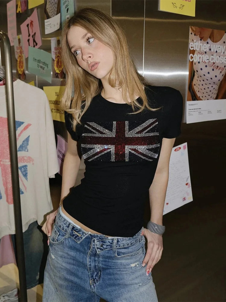 Summer Y2K British Flag Rhinestone Print Round Neck Slim Short Sleeve Ruched Crop T Shirt Women Casual Tee Top 2026 New