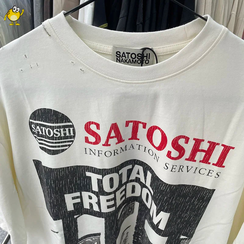 Summer Streetwear Satoshi Nakamoto T Shirt Men Woman Fashion Vintage Print Short Sleeve Washed Damaged Hole Old  Top Tee