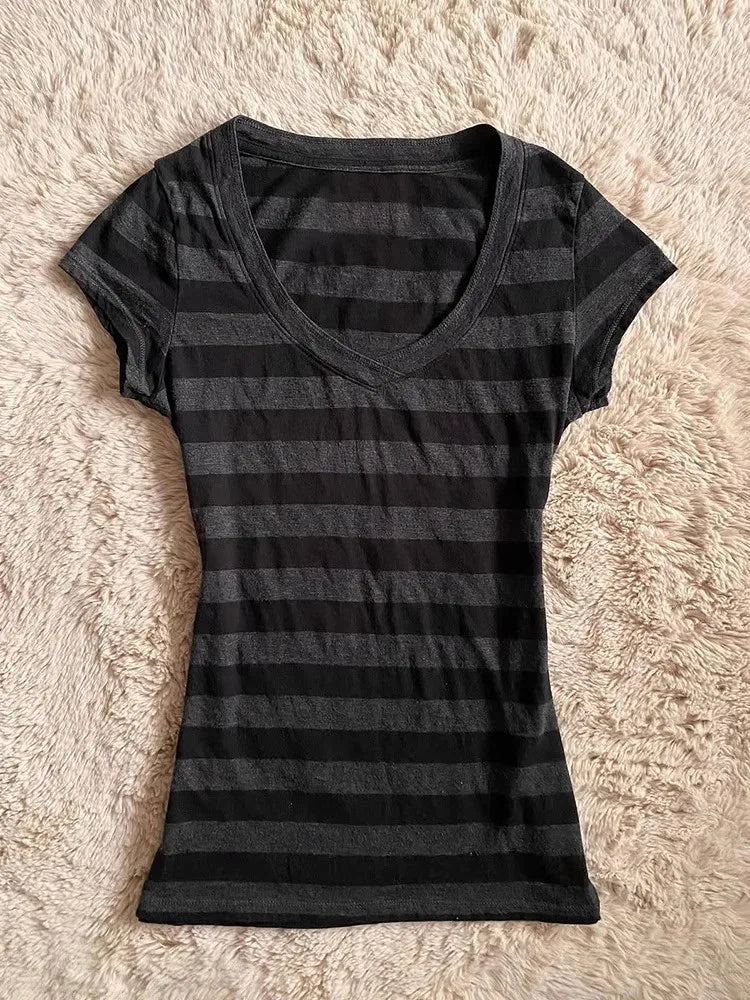 Stripe pattern casual tops chic cotton fashion Y2K tops cute silm rock aesthetic urban emo girls hip hops harajuku women t-shirt