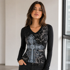 Women V Neck Long Sleeve T Shirt Gothic Cross Graphic Print Slim Fit Y2K Streetwear Casual Spring Fall Hot Sale Top