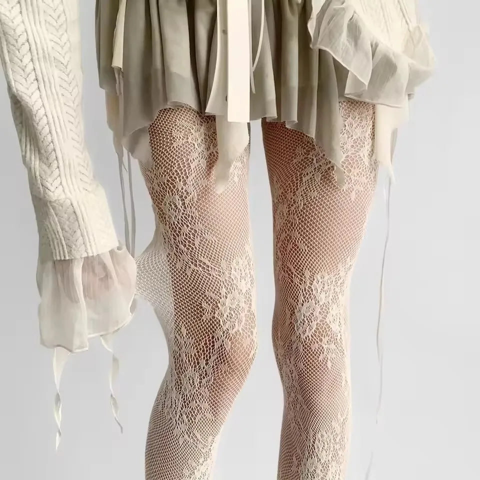 Harajuku Black White Brown Hollowed Out Lace Mesh Pantyhose Floral Rattan Bottomed Stockings Sexy Women Tights Fashion Hosiery
