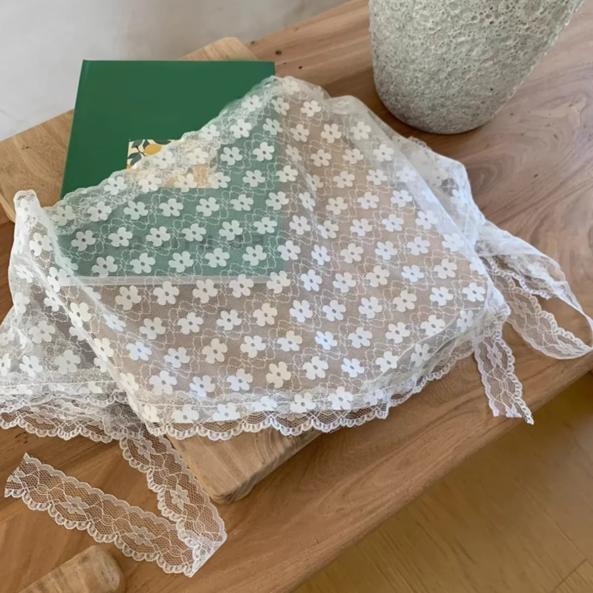 Elegant Lace Triangle Scarf for Women White Sweet Floral Design Breathable Thin Ribbon Artistic Style for Travel Photos