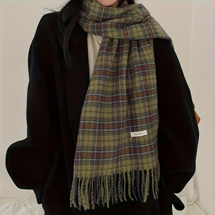 Vintage Green Plaid Tassel Scarf Women Imitation Cashmere Thickened Warmth Autumn Winter Shawl Wrap Scarves