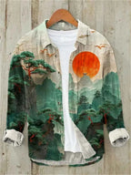 Men's Long Sleeve Shirt 3D Sun Printed Hawaiian Casual Shirt Button Short Sleeve Beach Holiday Top
