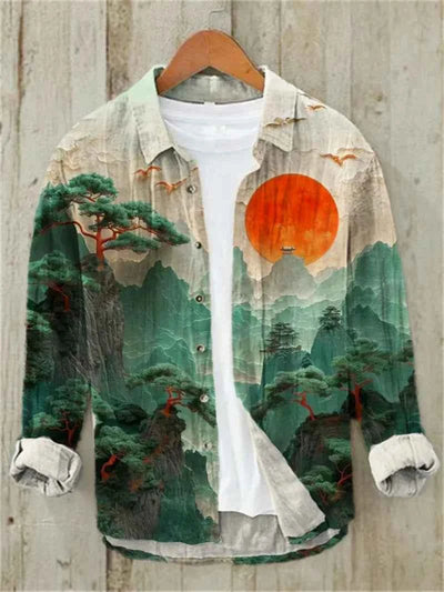 Men's Long Sleeve Shirt 3D Sun Printed Hawaiian Casual Shirt Button Short Sleeve Beach Holiday Top