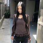Karrram Japanese Y2k Knitted Tops Two Piece Set Vintage Harajuku Button Knit T-shirt Sets Korean 2000s Style Knitwear American