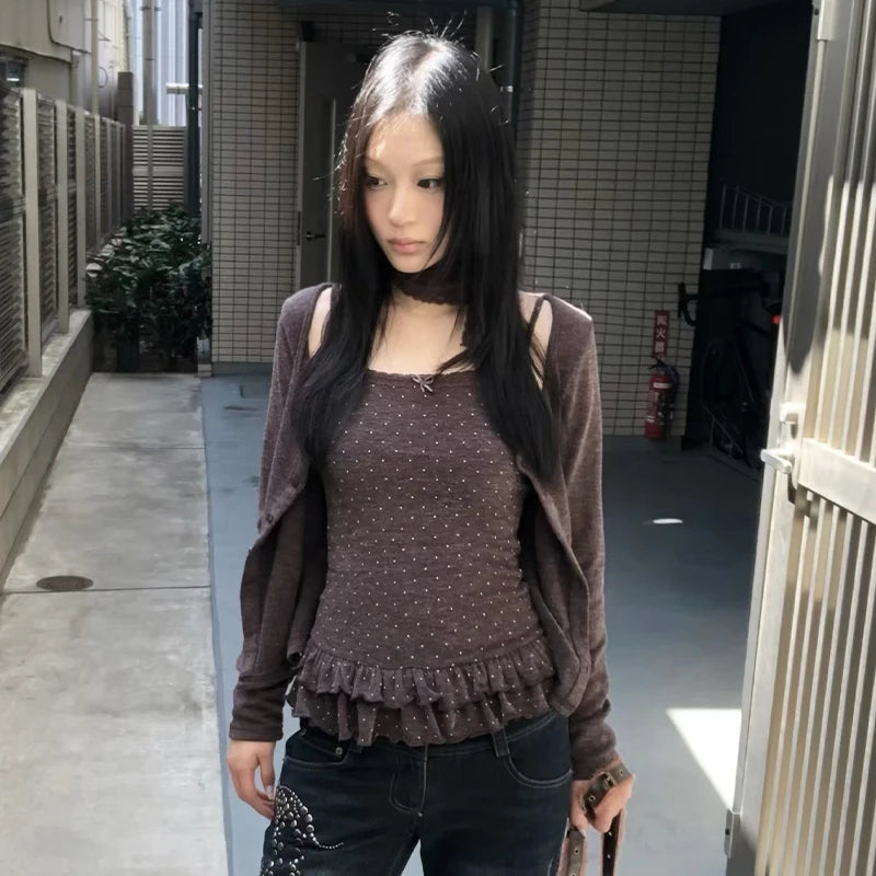 Karrram Japanese Y2k Knitted Tops Two Piece Set Vintage Harajuku Button Knit T-shirt Sets Korean 2000s Style Knitwear American