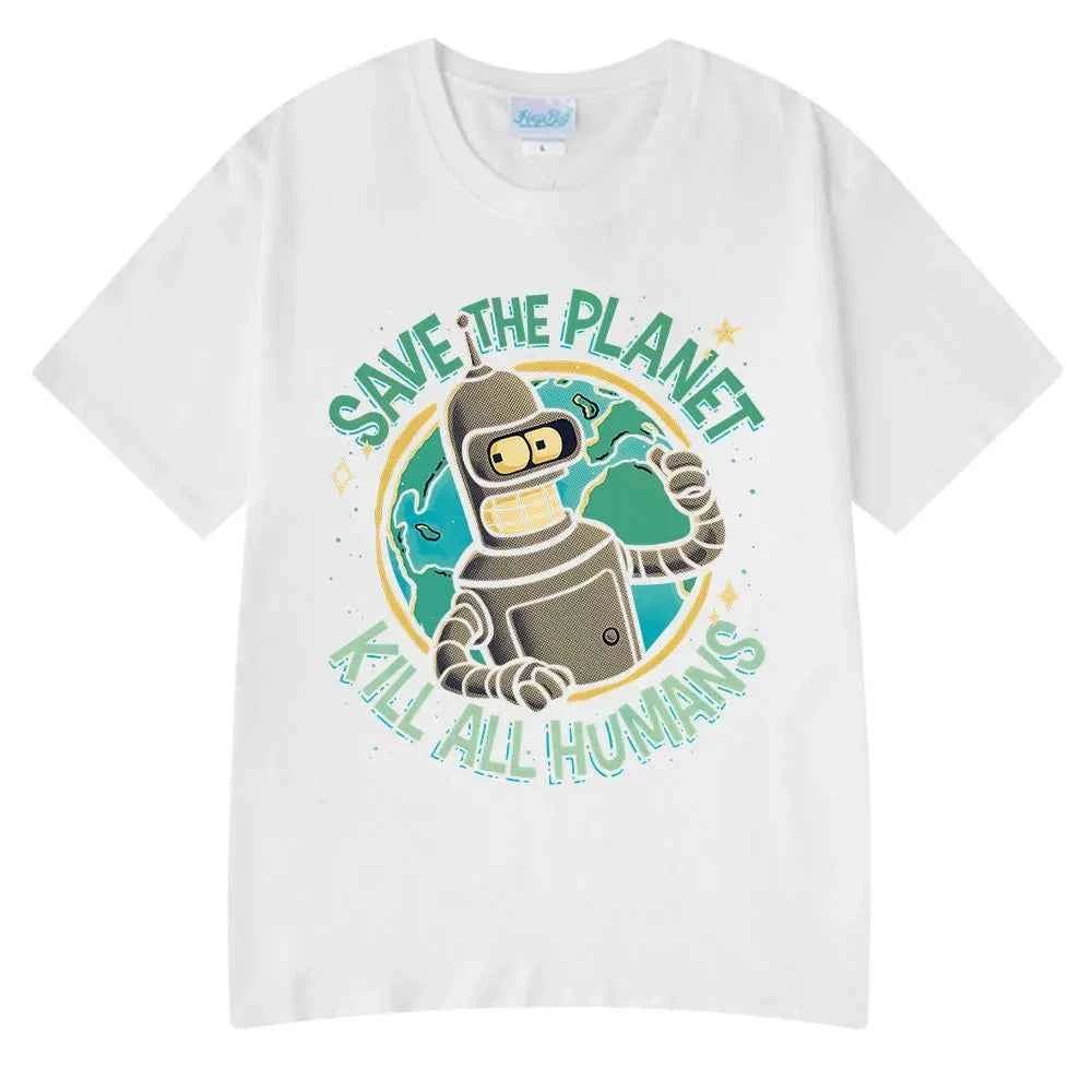 Funny Save The Planet Kill All Humans Robot Graphic Print T Shirt Men's Women Fashion Short Sleeve T-shirt Oversized Cotton Tees