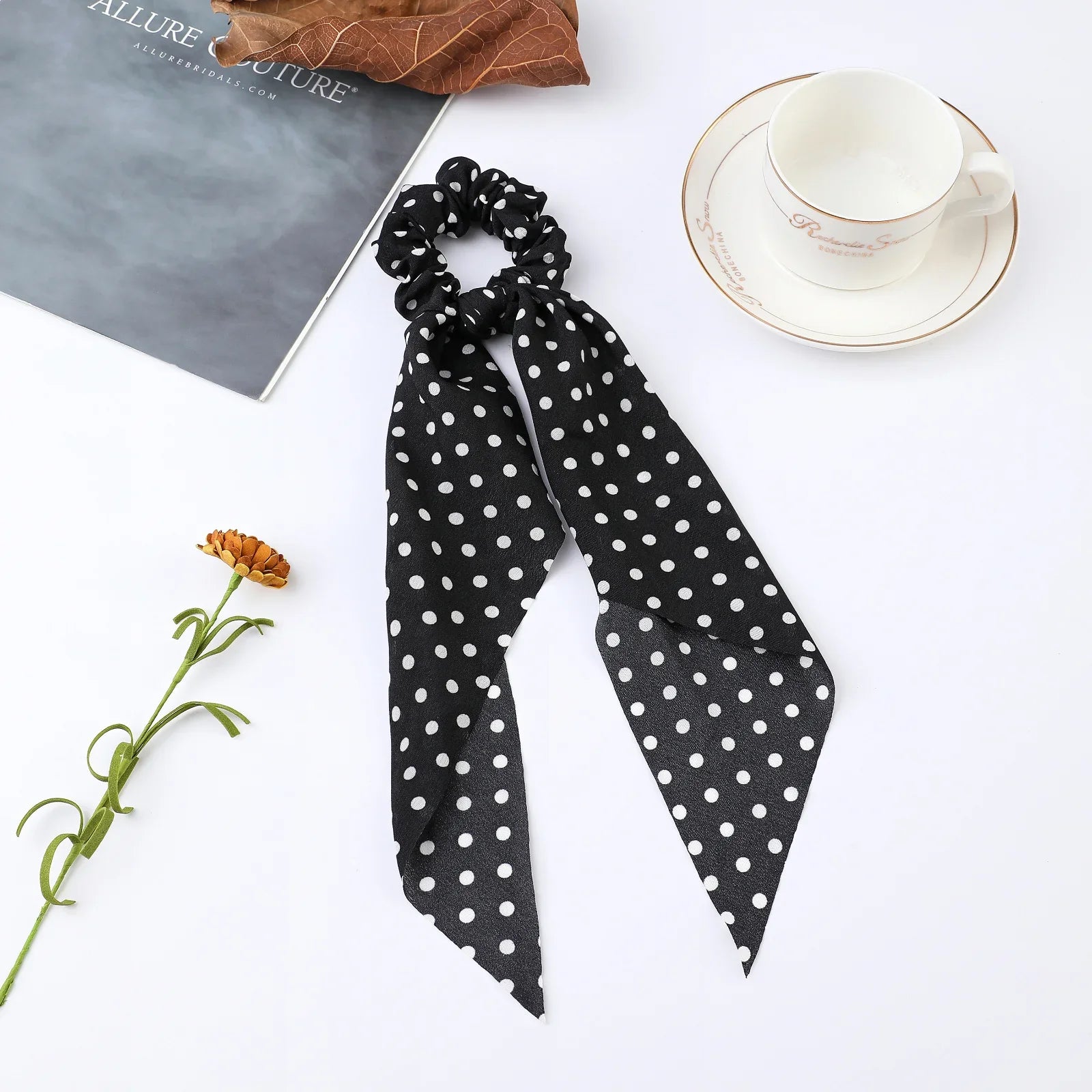 Fashion Flower Print Bow Satin Long Ribbon Ponytail Scarf Tie Scrunchies Women Girls Elastic Bands Hair Accessories