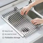 Rollable Foldable Stainless Steel Sink Drying Rack Kitchen Multifunctional Dish Drainer For Vegetable Fruit Storage