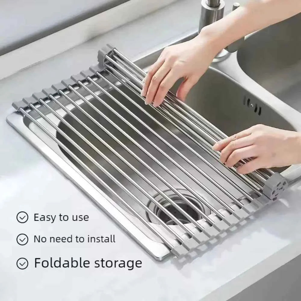 Rollable Foldable Stainless Steel Sink Drying Rack Kitchen Multifunctional Dish Drainer For Vegetable Fruit Storage