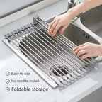 Rollable Foldable Stainless Steel Sink Drying Rack Kitchen Multifunctional Dish Drainer For Vegetable Fruit Storage