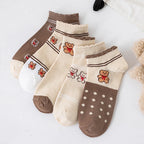 5 Pairs/Lot Socks Women's Short  Ankle Low Cut No-Show Foot Cute Bear Hearts Print  School Cotton  Breathable Set Casual Retro