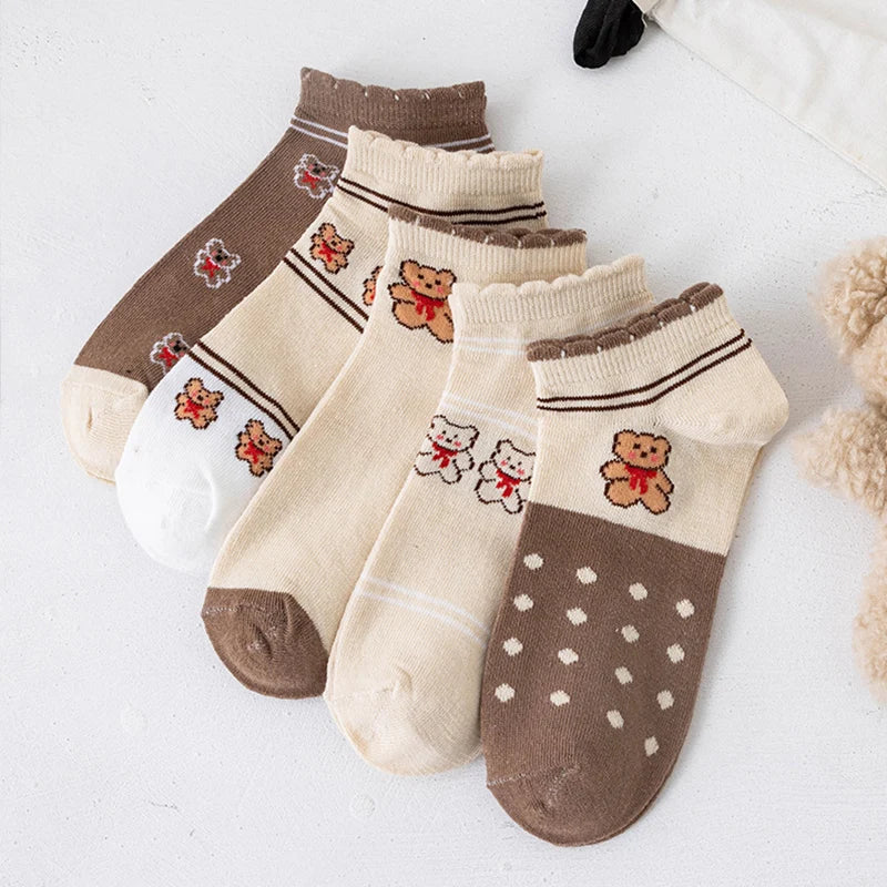 5 Pairs/Lot Socks Women's Short  Ankle Low Cut No-Show Foot Cute Bear Hearts Print  School Cotton  Breathable Set Casual Retro