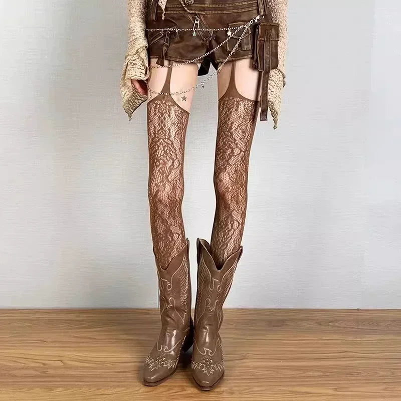 Lolita Sweet Girls Punk Style Floral Tights Colorful Thigh High Stockings Sheer Fishnet Suspender Tights Garter Belt Pantyhose