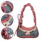 Fashion Grid Women Bag Lace Ribbon Stretchable Shoulder Strap Single Shoulder Underarm Bag Daily Commuting Student Handbag