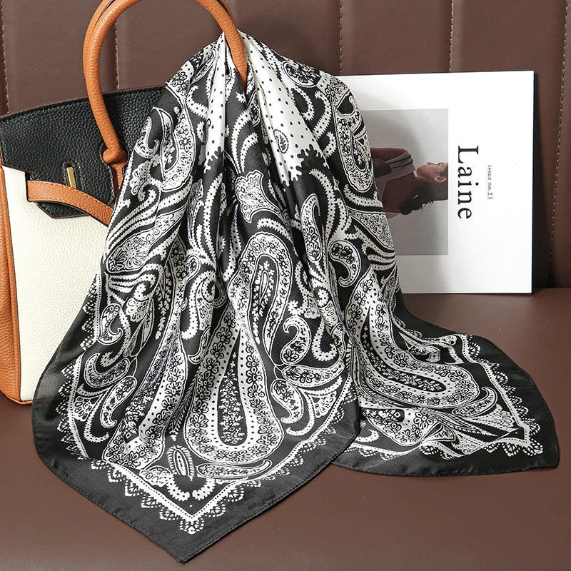2025 Silk Shawl Print Headscarf Cat Hair Wrap Neckerchief Female Satin Square Scarf For Women Headband Foulard Hijab Bandana