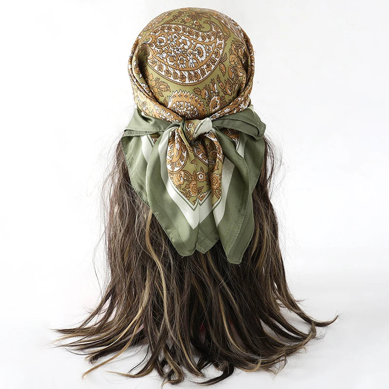 Bohemian Style Floral Print Women’s Square Silk Scarf Satin Head Wrap Tropical Leaf Flower Design Scarves Bandana Hijab