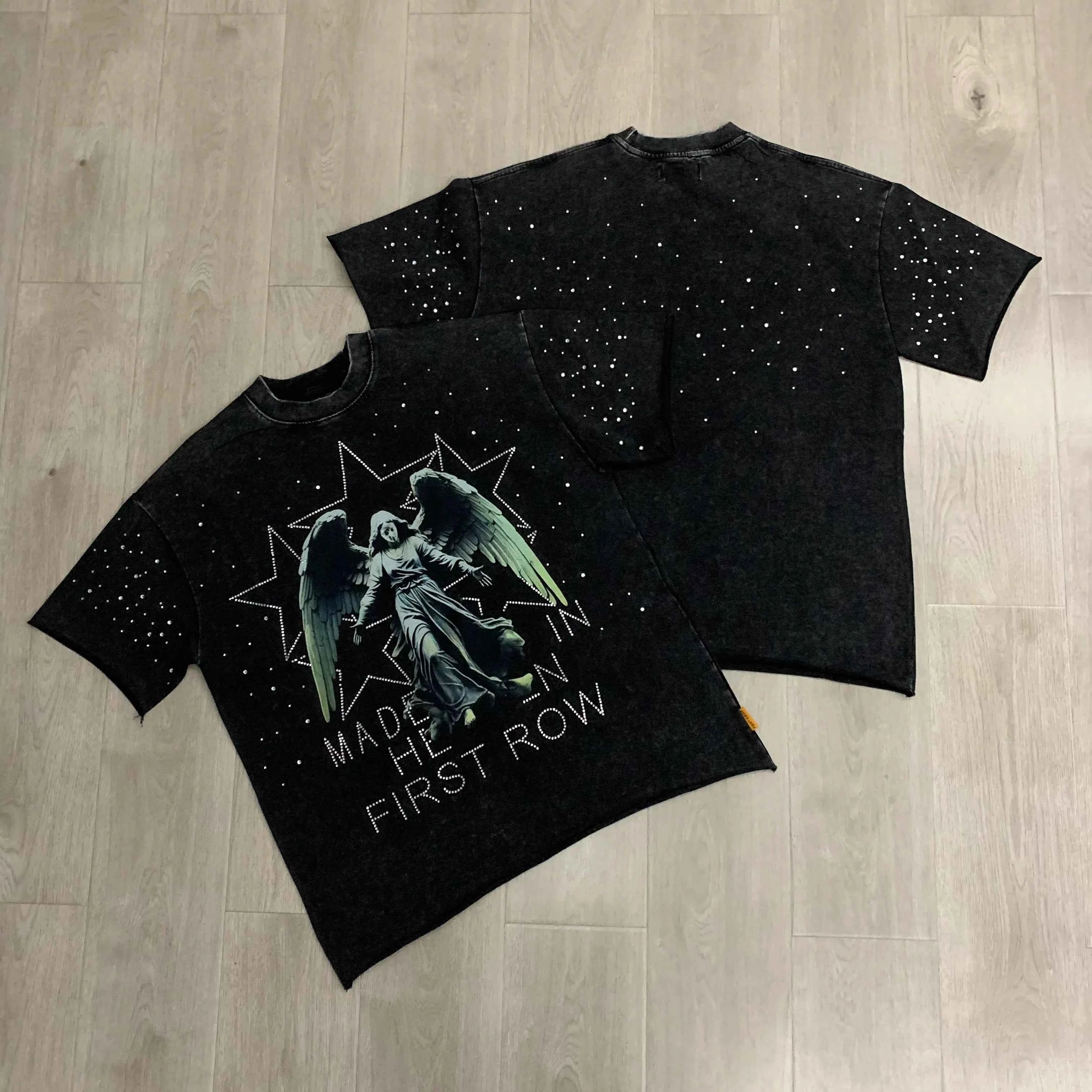 Streetwear Vintage Washed Diamond Cropped Tee for Men Crew Neck Short Sleeve Loose Cotton Rhineston Tshirts Oversized