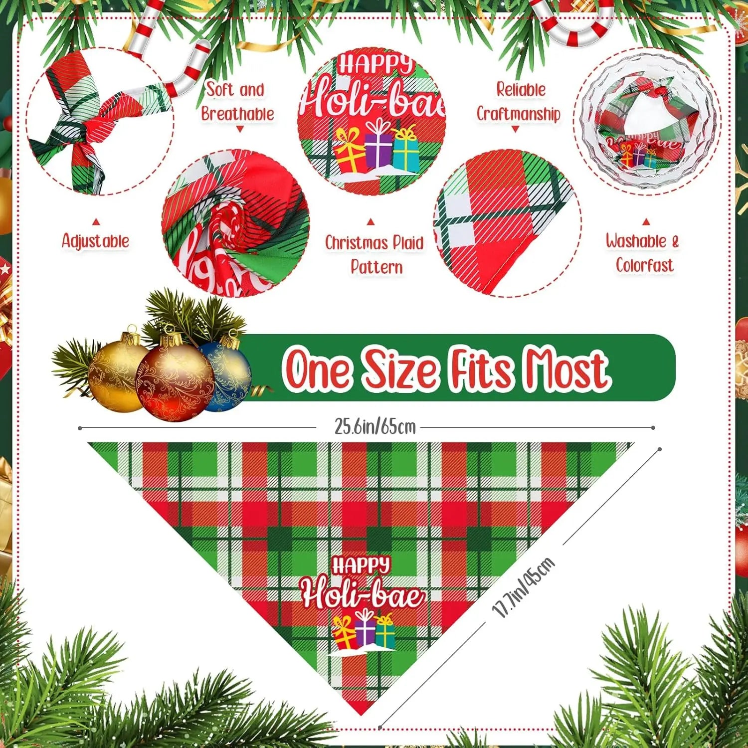 Christmas-themed bandana with plaid pattern and 'Happy Holi-bae' text, surrounded by festive decorations.