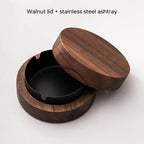 New Creative Ashtrays With Lid Walnut Wood Desktop Ashtray Stainless Steel Windproof Ash Tray for Smoking Office Home Decoration