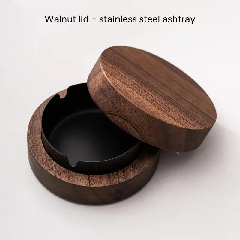 New Creative Ashtrays With Lid Walnut Wood Desktop Ashtray Stainless Steel Windproof Ash Tray for Smoking Office Home Decoration