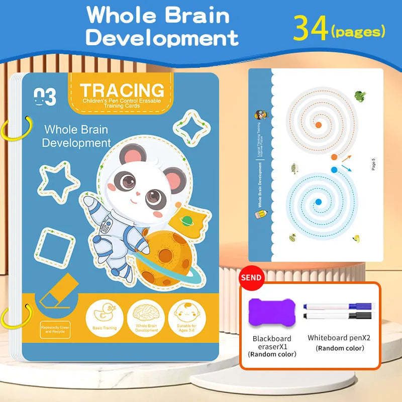 34-Page Children's Reusable Workbook Set with Erasable Pen - Early Learning of Writing and Drawing Skills Development, Educational Books for Pen Control Training, Innovative Learning - Perfect Choice for Christmas and Birthda