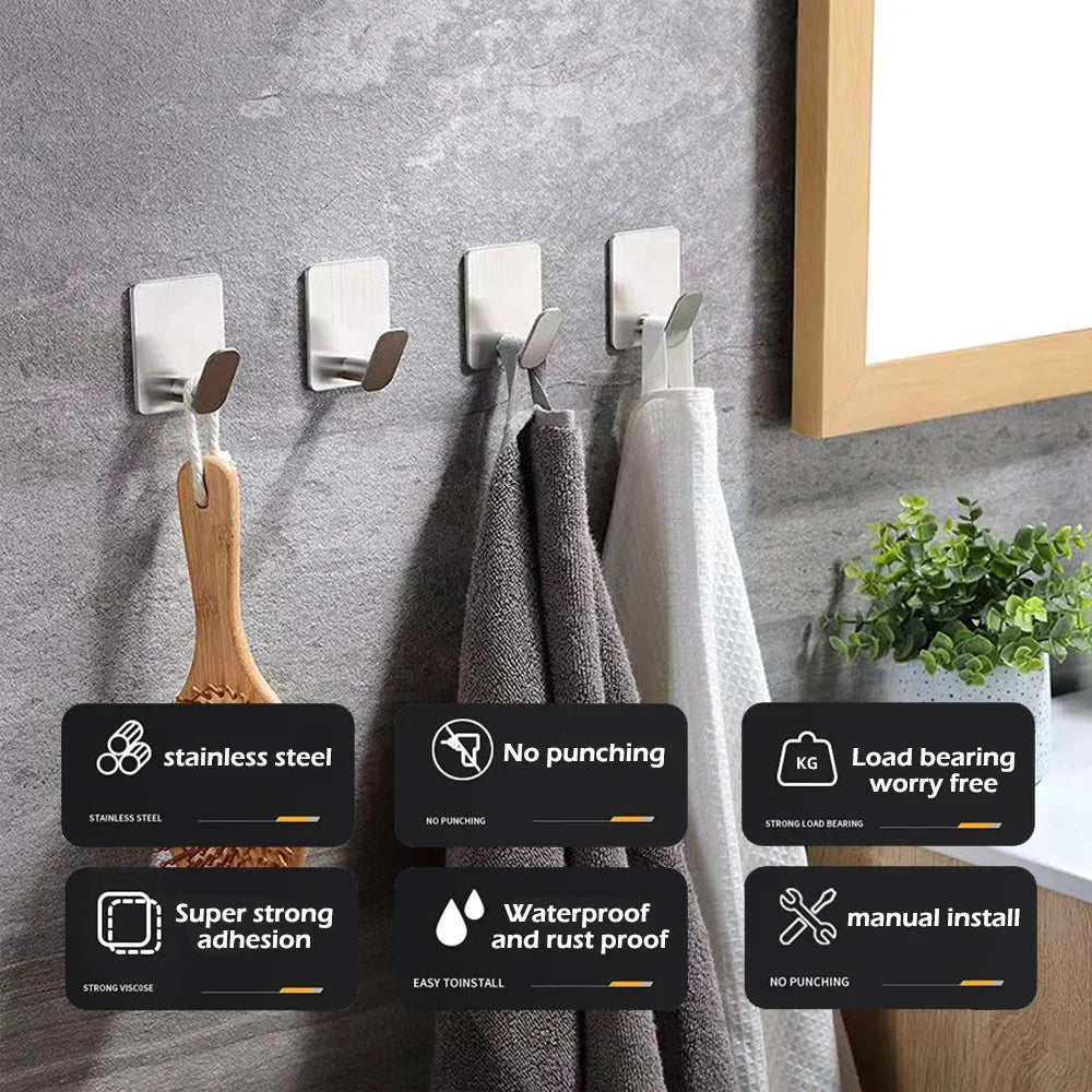 2pc/4pc bathroom clothes hooks, adhesive wall hooks, stainless steel towel racks, bathroom kitchen hardware, multi-purpose hooks