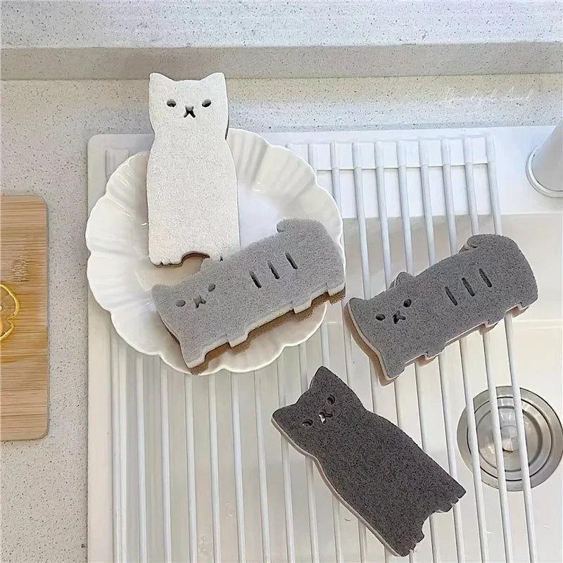 4-piece Cute Cat Kitchen Sponge Set - Thick and Durable Dishwashing and Cleaning Tools