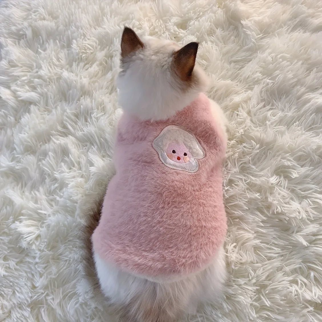 Small dog wearing a pink fluffy sweater with a cartoon face on a white fluffy surface