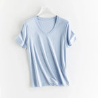 High-end New 10% Silk & Mercerized Cotton Women T-shirt Luxury Tee Short Sleeve Silky Feeling Summer Wear 2025 Tops V / O-neck