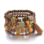 Boho Tree Of Life Bracelet Set For Women Fashion Tassels Charm Wooden Beads Elastic Chain Bangle Girl Trendy Party Jewelry