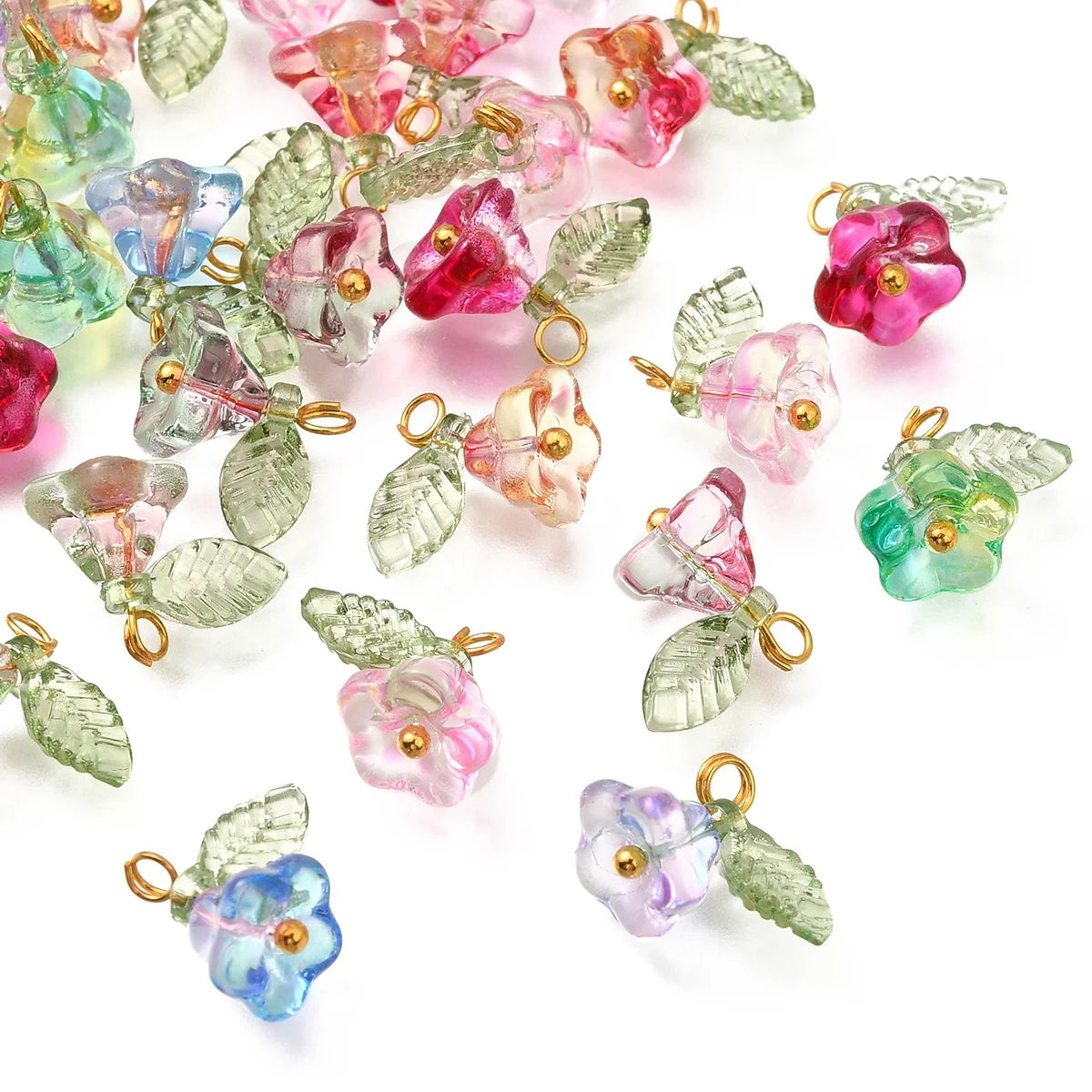 30Pcs 6 Colors Glass Pendants with Golden Brass Findings Flower Charms for Women Necklace Bracelet Earrings DIY jewelry making