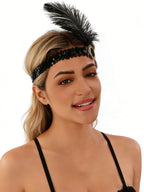 1920s Flapper Headband Feather Headpiece Sequin Headband with Gem for Gatsby Party Halloween Costume Accessory