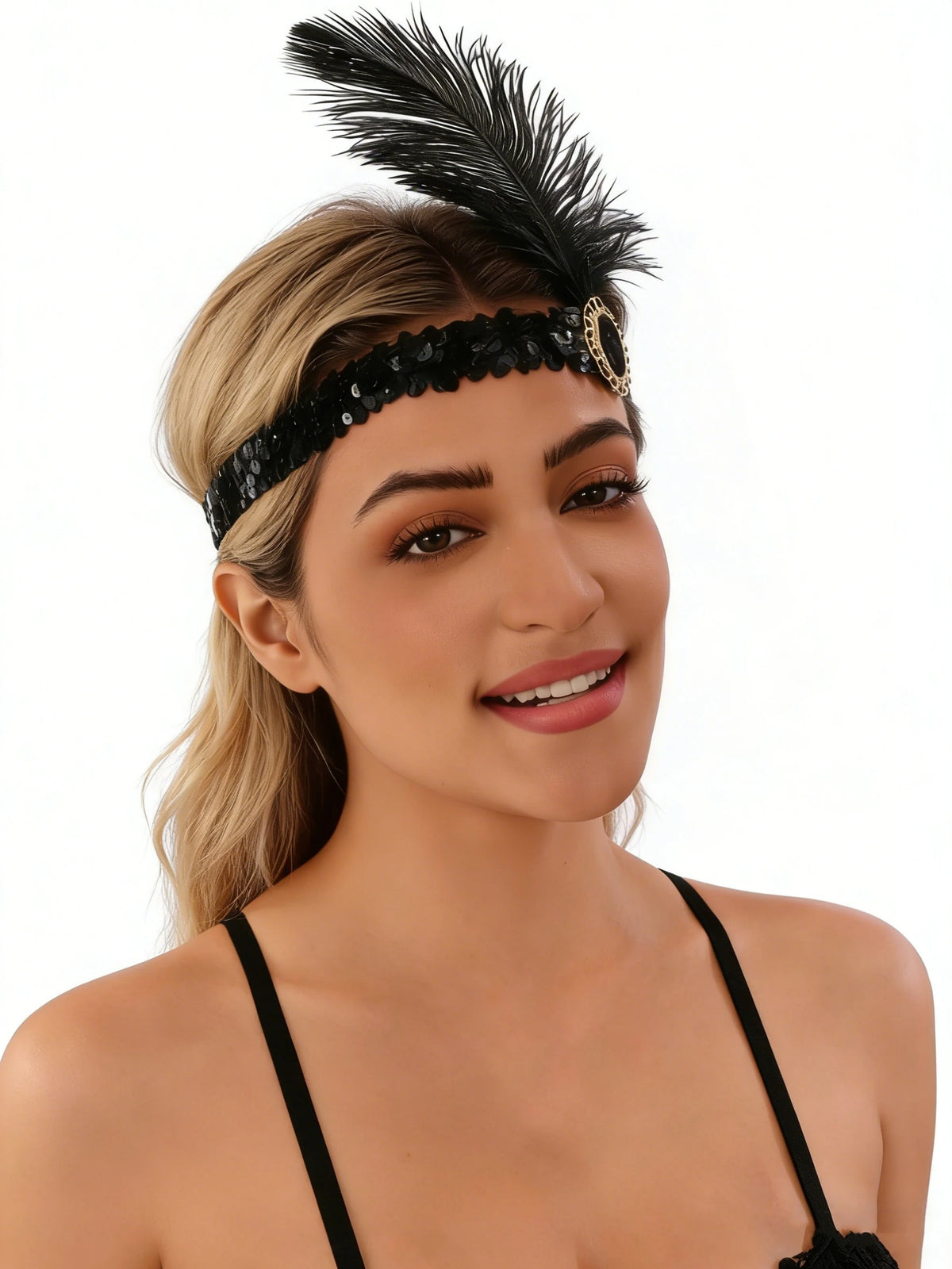 1920s Flapper Headband Feather Headpiece Sequin Headband with Gem for Gatsby Party Halloween Costume Accessory