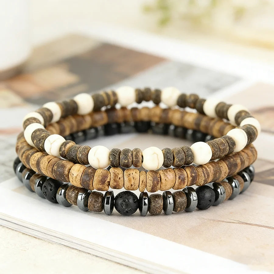 Casual 3Pcs/Set Wooden Stone Beads Bracelet Unisex Apparel Accessories Coconut Shell Howlite Onyx Beaded Meditation Yoga Braslet
