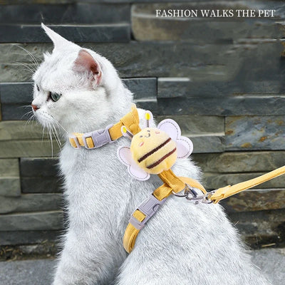 Cat Harness Leash Collar Set - Adjustable Cartoon Bee Design