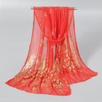 Elegant Peacock Printed Hijab Gold Glitter Polyester Scarf For Woman Solid Color Shawls Summer Sun Protection Headband 170*60cm