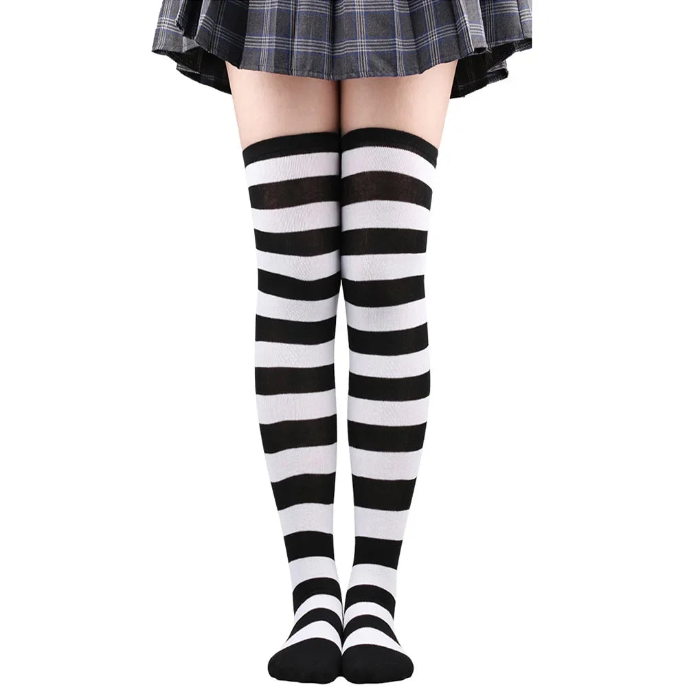 Womens Striped Thigh High Stockings Ladies Girls Black White pink Long Over Above Knee Socks femboy Cosplay Lolita Harajuku Y2k