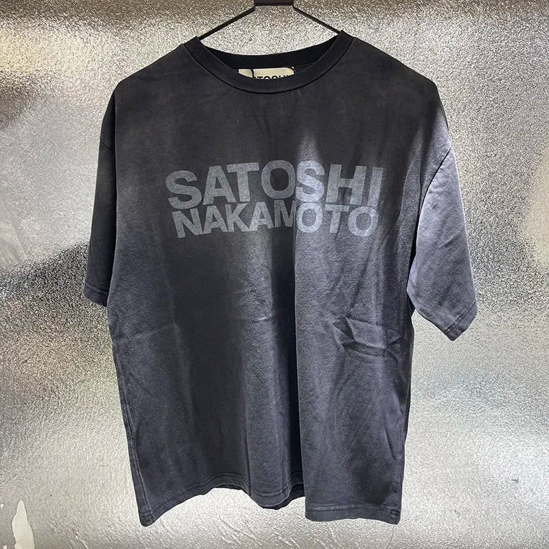 Summer Streetwear Satoshi Nakamoto T Shirt Men Woman Fashion Vintage Print Short Sleeve Washed Damaged Hole Old  Top Tee