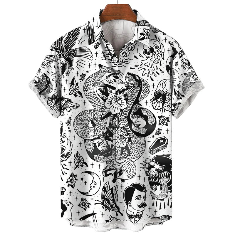 3D Print Monkey Skeleton Scissors Shirts Men Animal Patterns Button Shirt Summer Hawaii Short Sleeves Casual Loose Aloha Shirts