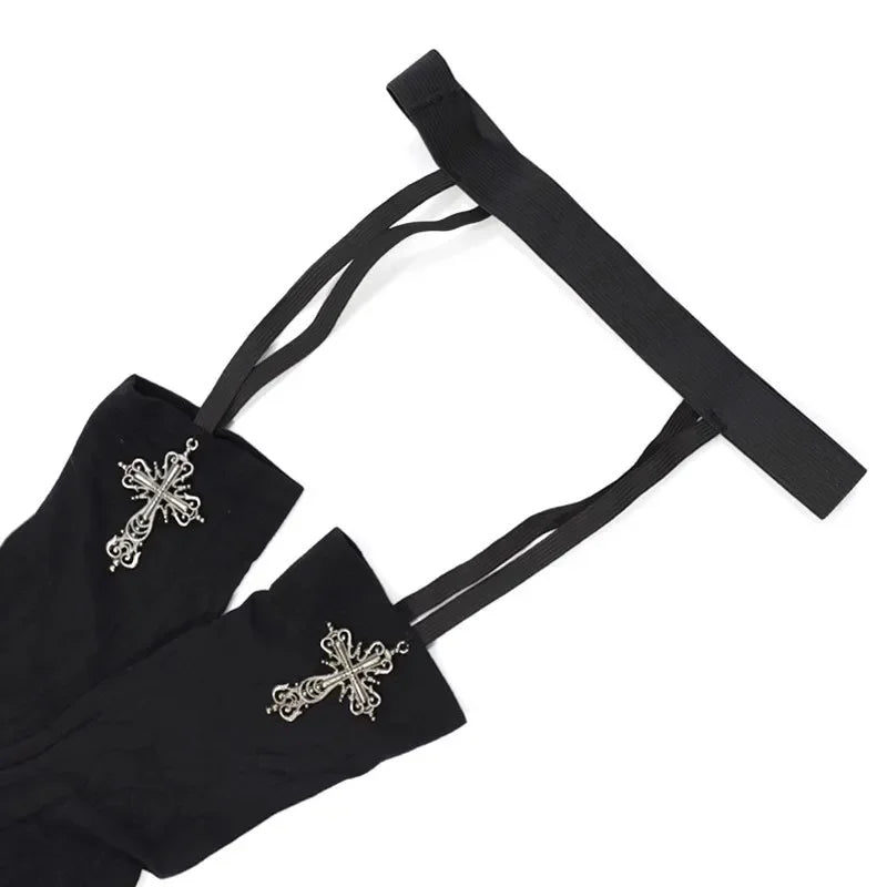 Personality Cross Decoration Women Suspender Socks Solid Color Thin Thigh High Lolita Anime Cosplay Gothic Over Knee Stockings