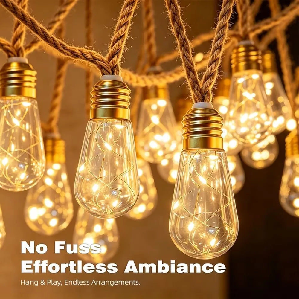 Solar String Lights Hemp Rope Edison Bulb Fairy Lights Solar Powered Warm White for Garden Patio Porch Yard Halloween Decor